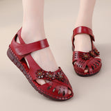 kamames Summer New Head Layer Cowhide Flat Bottom Women's Shoes National Wind Leather Hollow Out Small Flower Women's Sandals Mother Shoes