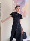 kamames Vintage Black Cheongsam Qipao Dress Women Summer Short Sleeve Zipper Puff Sleeve Bodycon Long Dress Designer Clothing