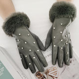 Thick Soft Plush Cuff Gloves Rhinestone Decor PU Leather Gloves Autumn Winter Windproof Touchscreen Gloves