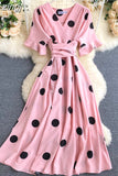 kamames Women Polka Dot Midi Dress Vintage V-Neck Short Flare Sleeve Bandage A-Line Vestidos Female Casual Robe New Fashion