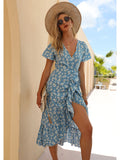 kamames Boho Style Floral Print Maxi Beach Dress Women Sexy Side Split Party Dress Short Sleeve Ruffle Casual Long Sundress