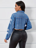 Women's Washed Plain Blue Distressed Denim Jacket With Faux Pockets, Casual Jean Top, Fashion Outerwear suit for autumn