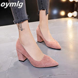 kamames Women Pumps Flock Sweet Thick High Heels Female Sexy Office Pointed Toe Dress Work Pump Cute Shoes Ladies Footwear