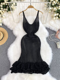 kamames Summer Hollow Out Sexy Dress American INS Strap Slim Fit Ruffles Bodycon Design Solid V-Neck Sleeveless Knitted Dress