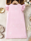 Charming Girls Princess Dress with Playful Cartoon Pattern - Soft Round Neck, Delicate Ruffle Sleeves, Comfortable Straight Casual Style