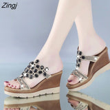 kamames Shoes Women Summer Peep Toe Breathable Beach Sandals Rhinestone Slip-On Wedges Shoes Sandals