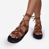 kamames Women's Shoes 2023 New Summer Tie Flat Net Red Tide Pure Color Muffin Thick Soles Large Roman Shoes