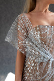 kamames Off Shoulder Sequin Sheer Mini Dress - Silver