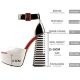 kamames Onlymaker Women's Sandals Platform Peep Toe Chunky Square Heels Ankle Strap Sandals Black And White Stripes Party Fashion Shoes