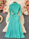 kamames Women Pleated Knitted Dress Turtleneck Long Sleeve Elastic Slim Pencil Dress Autumn Winter Sexy Bodycon Sweater Dress