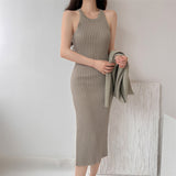 Zingj Zingj Summer, The New Round-Neck Slim Knitted Vest Dress Ins Shows A Thin, Forked Dress With A Waist In The Waist.