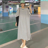 kamames Sleeve Dress Women Hot Sale S-3XL Leisure Cozy Simple Basic Striped Preppy Style Clothing Students Midi Sundress Chic BF