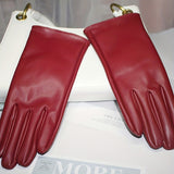 Simple Monochrome PU Leather Gloves Short Velvet Lined Warm Gloves Autumn Winter Windproof Riding Gloves