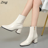kamames Autumn Women Fashion Square High Heels Zapatos De Mujer White Patent Leather Shoes Ankle Boots Black Woman Zipper