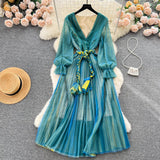 kamames Women's Fashion France Vintage Pleated Long Dress Summer Autumn Sexy V-Neck Lace Up Party Runway Vestidos Female Elegant Robe