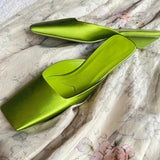 Slippers Green Satin Low Heel Ladies Summer Square Toe Slip-On Mules Elegant Shoes For Women Designer Pumps Zapatos De Mujer