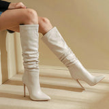 kamames Autumn Winter Women Boots Pleated Fashion Knee High Boots Sexy Thin High Heel Slip On Long Boots Pointed Toe Shoes Size 43