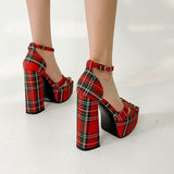 kamames INS Gingham Women Sandals Fashion Platform Square High Heels Sandals Luxury Brand Punk Female Shoes Size 34-43
