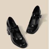 kamames New Mary Jane Shoes Female Retro English Style Hepburn Black High Heel One-Word Buckle Thick Heeled Square Head Single Shoe Woman