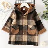 PatPat Toddler Boy Classic Plaid Fleece Lined Button Design Hooded Overcoat