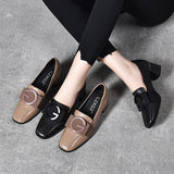 kamames kamames Spring New High Heels Square Head Thick Heel Middle Heel Work Shoes Square Button Head Layer Cowhide Four Seasons