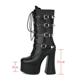 kamames Super High Heel Women Boots Fashion Patetnt Leather Mid Calf Boots Metal Belt Buckle Motorcycle Boots Autumn Winter Shoes