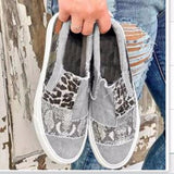 kamames Autumn And Winter New Large-Size Women's Shoes Snakeskin Spliced Polyurethane Flat-Bottomed Canvas Shoes Women's Singles Shoes