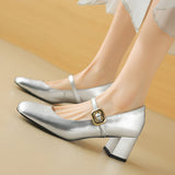 kamames 2024 New Silver Square-Headed Mary Jane Shoes With Thick Heels And Single Shoes With Shallow Mouth Buckle High-Heeled Shoes