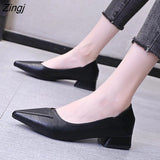 kamames Women Leather Pumps Shoes Office Lady Med Square Heel Pointy Toe Slip On Work Shoes Classic Heel 4 cm