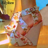 kamames Summer Fashion Peep Toe Solid Platform Women Designer Silk Print Flower Fabric High Heels Wedges Sandals Shoes