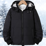 Boys Trendy Solid Color Warm Hooded Jacket, Zip Up Coat, Boy's Clothes For Winter Outdoor, As Gift