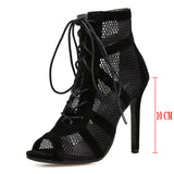 kamames Black Net Suede Fashionable Cross-Tie Large Size Fish Mouth Sexy High-Heeled Lace-Up Women's Shoes
