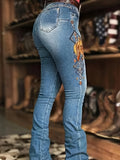 Customized Flare Leg Denim Jeans for Women - Stretchy, Embroidered, Geometric Pattern, Comfortable, Casual Style, All-Season Wear with Medium Stretch Fabric and Woven Weaving Method