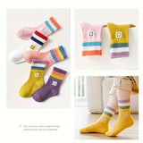 5 Pairs Of Toddler's Trendy Color Block & Smiling Face Pattern Crew Socks, Soft Comfy Children's Socks For Boys Girls All Seasons Wearing