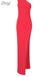 kamames Halter O Neck Sleeveless High Slit Bodycon Long Dress Summer Red One Shoulder Tight Split Maxi Dress Celebrity Club Party