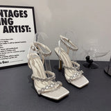 kamames kamames Roman Rhinestone Chain High Heel Square Head Super High Heels Banquet Shoes Walk Show Female Sandals