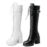 kamames Autumn Lacing Knee High Boots Women Fashion White Square Heel Long Boots Woman Pu Leather Shoes Winter Large Size 43