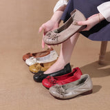 kamames New Flat Bottom Low Heel Head Layer Cowhide Women's Shoes Ethnic Wind Flowers Leather Women's Single Shoes Middle-Aged And Elderly Mother Shoes