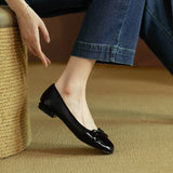 kamames Bowknot Square Head Shallow Mouth Flat Bottom Low Heel Single Shoes 2023 Spring And Autumn New Lacquered Leather Women's Shoes Wedding Shoes