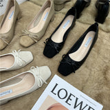 kamames Tie Shallow Mouth Single Shoes Women's Thick Heels 2024 Spring And Autumn New Style Square Head Middle Heel Grandma Shoes High Heel Work Shoes