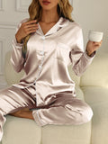 Risonclo Womens Elegant Solid Color Long Sleeve Lapel Pajama Set - Soft Polyester Blend Fabric, Button-Up Top, Relaxed Fit Pants, Machine Washable - Perfect for Teen Girls Sleepwear and Loungewear All Season