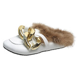 kamames Real Fur Metal Chain Mules Women Shoes Loafers Round Toe Casual Shoes Women Furry Slides Fluffy Hairy Flip Flops