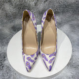 kamames printing green 12cm pumps stiletto pointed toe sexy shoes party nightclub women shoes 8cm 10cm high heel purple BM039