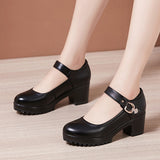 kamames Cheongsam Catwalk High Heels Waterproof Platform Large Round Head Thick Heel Black Professional Single Shoes Working Shoes