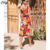 kamames PETAL Orange Floral Tie Shoulder Midi Dress For Woman Sexy V-neck Backless Holiday Beach Dress 2023 Summer Female Sundress