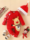 2pcs Baby Deep Red Christmas Cute Deer Print Gift Long Sleeve Bodysuit + Furry Hat 0-1 Years Old Girls Christmas Costume Clothes Behind Winter Snowflake Print Love Gifts From Mom Dad For Kids, Suitable For Indoor And Outdoor Wear