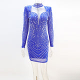 kamames Sexy Blue Crystal Mesh Patchwork Mini Dress Women Long Sleeve Hot Drilling Bodycon Birthday Party Clubwear Dress