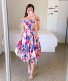 kamames Summer Ladies Sexy Off Shoulder Flower Print Dress Elegant Short Sleeve Elastic Irregular Casual Dress Vestido De Mujer 703-1