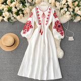 kamames kamames Embroidery Flowers Round Collar Lantern Sleeves Wrinkled Loose Show Thin Dress Women