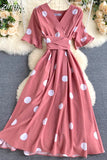 kamames Women Polka Dot Midi Dress Vintage V-Neck Short Flare Sleeve Bandage A-Line Vestidos Female Casual Robe New Fashion
